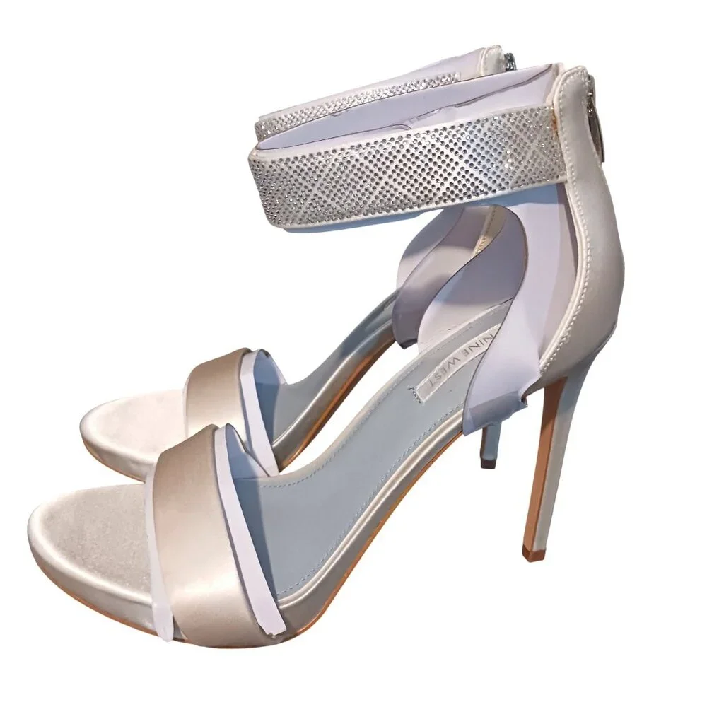 NEW Nine West Utell‎ Satin Embellished Ankle Strap Ivory Stiletto Heels Size 9.5